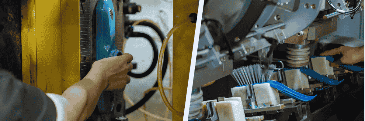 Close-up of hands adjusting machinery and handling components in a factory setting.