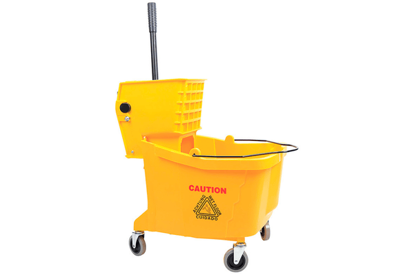 Yellow mop bucket with wheels