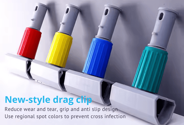 Color-coded mop handles in clips