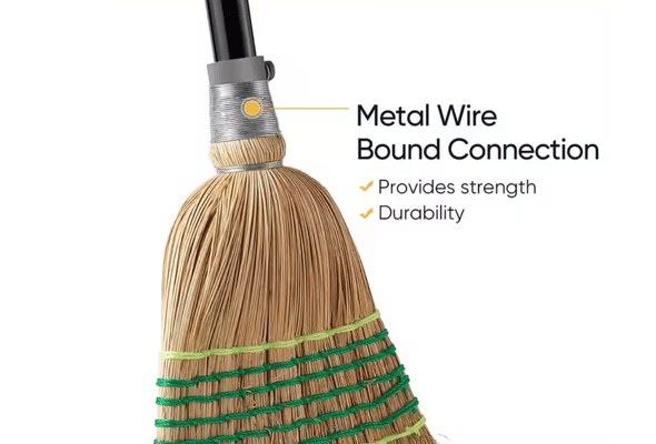 Broom with metal wire bound connection for strength and durability