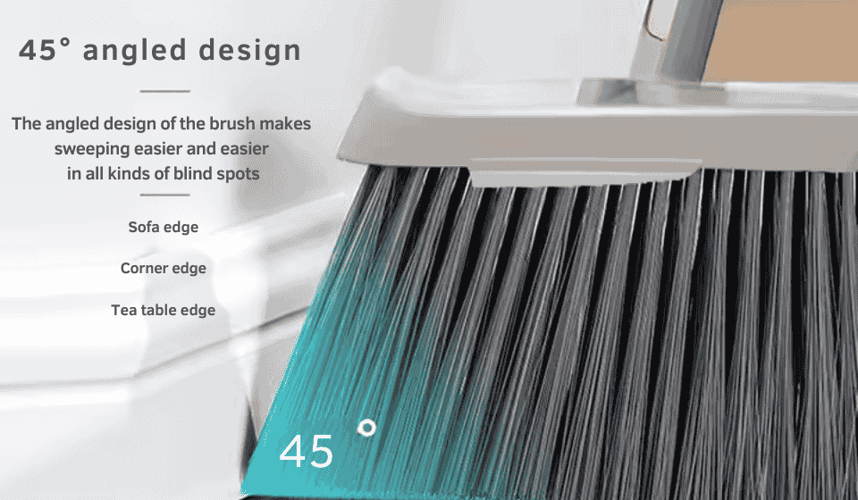 A broom with a 45° angled design, making sweeping easier in blind spots like sofa edges, corner edges, and tea table edges.