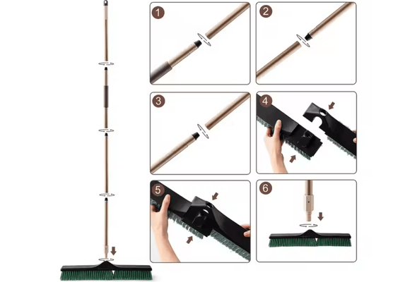 Broom assembly process with images showing how to connect and adjust parts