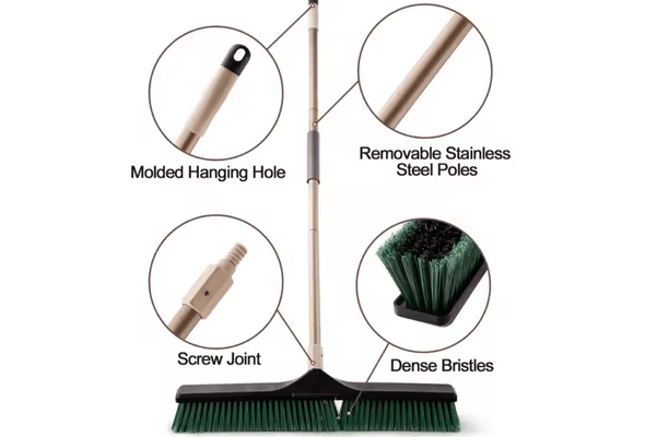 Broom features highlighting the metal hanging hole, stainless steel pole, screw joint, and dense bristles.