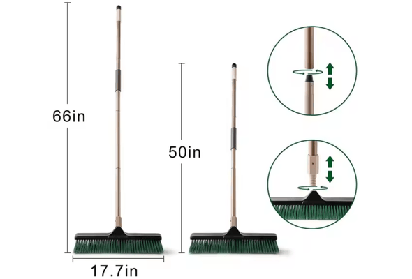 Broom with adjustable handle lengths: 60cm and 75cm.
