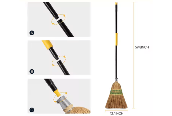 Adjustable broom with a telescopic handle and a 59-inch height.