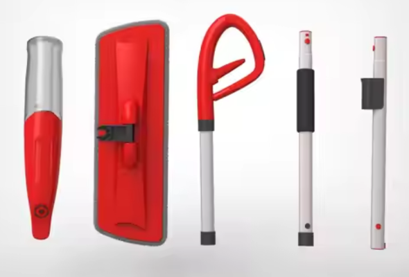 Red mop components including handle, mop head, and parts