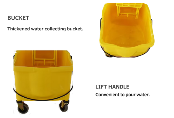 Yellow cleaning bucket with labeled features
