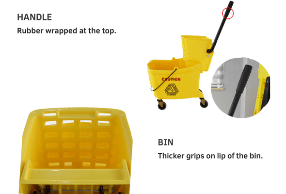 Yellow cleaning bucket with labeled handle and bin features
